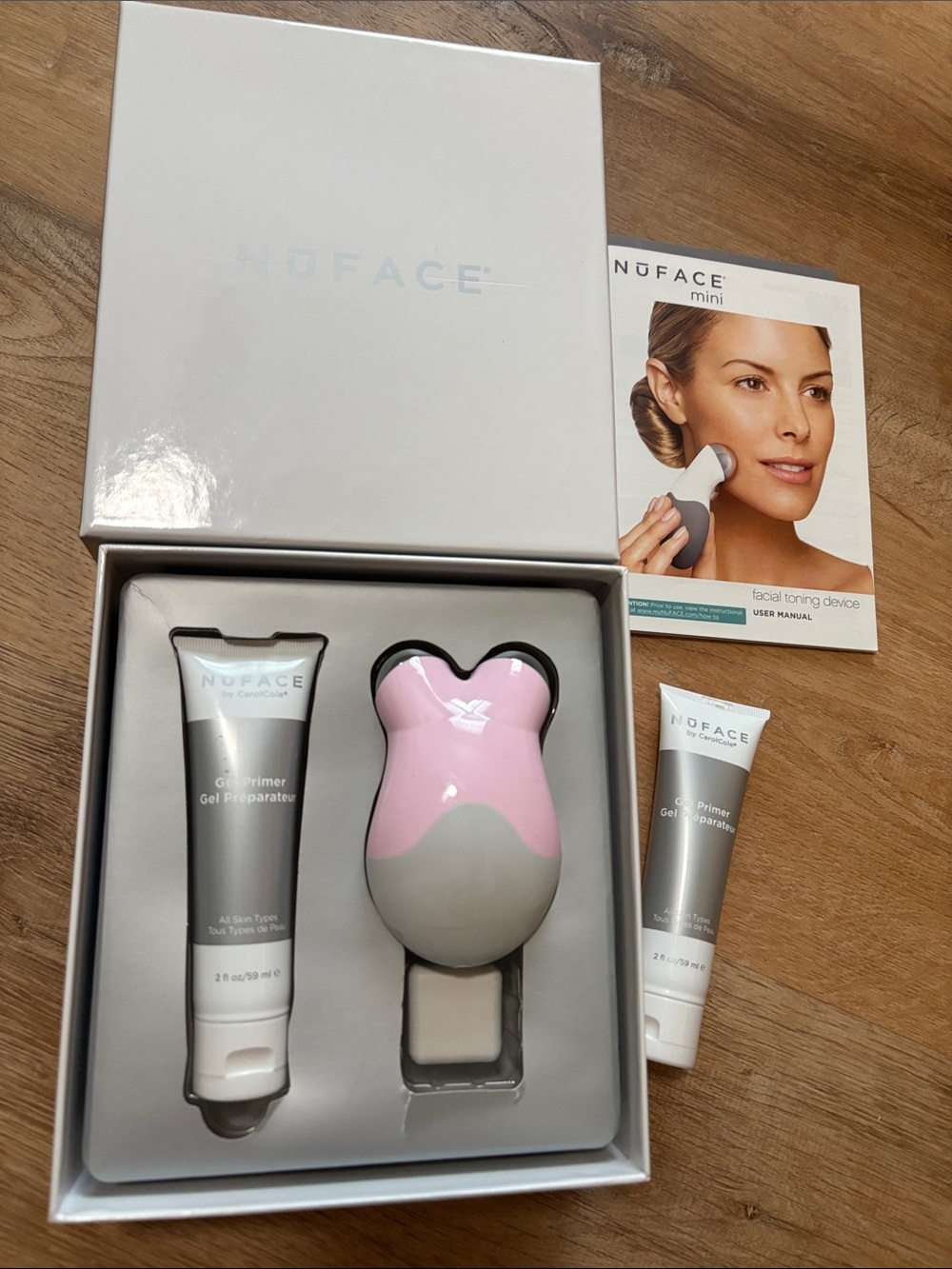 New NuFace Mini Facial Toning Device in Pink and Gray with 2 Gel Primers